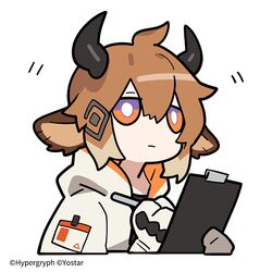  1boy :| animal_ears arknights bison_(arknights) brown_hair chibi closed_mouth commentary_request company_name cow_ears cow_horns cropped_torso gloves hair_between_eyes holding holding_notepad holding_pen horns jacket line_(naver) multicolored_eyes notepad official_art open_clothes open_jacket orange_eyes pen purple_eyes simple_background watermark white_background white_gloves white_jacket writing 