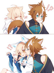  !? 1boy ahoge animal_ears animal_hood aqua_eyes aqua_shirt biting biting_another&#039;s_tail black_jacket blonde_hair blue_shirt brown_hair cat_ears cat_girl cat_hood cheek_biting dog_boy dog_ears dog_tail female genshin_impact gorou_(genshin_impact) highres hood hooded_jacket jacket kemonomimi_mode lumine_(genshin_impact) multicolored_hair ochasuke_(corono) oerba_yun_fang off_shoulder paw_print paw_print_palms shirt sleeveless sleeveless_shirt sleeves_past_wrists straight streaked_hair tail white_jacket yellow_eyes 