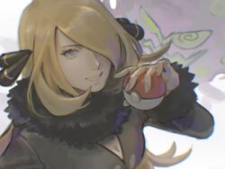  black_coat black_collar blonde_hair coat collar commentary_request cynthia_(pokemon) eyelashes female fur-trimmed_coat fur_collar fur_trim grey_eyes hair_ornament hair_over_one_eye holding holding_poke_ball long_hair long_sleeves looking_at_viewer momokaban poke_ball poke_ball_(basic) pokemon pokemon_(creature) pokemon_dppt smile spiritomb upper_body 