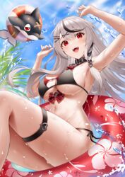  absurdres armpits belt_collar bikini black_bikini black_collar black_hair blue_sky blush braid breasts cleavage collar commentary day double_bikini female grey_hair hair_between_eyes hair_ornament hairclip halterneck highres hololive inu_(sakamata_chloe) large_breasts long_hair looking_at_viewer multicolored_hair navel oerba_yun_fang open_mouth outdoors red_bikini red_eyes roina_(effj7473) sakamata_chloe side-tie_bikini_bottom sideboob single_braid sitting sky smile solo streaked_hair string_bikini swimsuit teeth thigh_strap thighs underboob upper_teeth_only virtual_youtuber water wet x_hair_ornament 