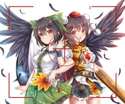  2girls absurdres arm_cannon armband bird_wings black_hair black_ribbon black_skirt black_wings blush bow breasts brown_eyes brown_hair buttons cape center_frills charm_(object) chinese_commentary collared_shirt commentary_request control_rod cosplay costume_switch feathered_wings feathers feng_ling_(fenglingwulukong) frilled_shirt_collar frilled_skirt frills green_bow green_skirt hair_between_eyes hairbow hat hauchiwa highres leaf_print long_hair miniskirt multiple_girls neck_ribbon open_mouth pom_pom_(clothes) puffy_short_sleeves puffy_sleeves reiuji_utsuho reiuji_utsuho_(bird) reiuji_utsuho_(cosplay) ribbon shameimaru_aya shameimaru_aya_(cosplay) shirt short_hair short_sleeves sidelocks skirt smile starry_sky_print third_eye tokin_hat touhou v weapon white_background white_cape white_shirt wings 