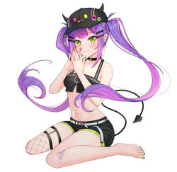  bandaid bandaid_on_leg barefoot black_choker black_headwear black_shorts blush breasts choker closed_mouth collarbone colored_inner_hair commentary_request crop_top demon_girl demon_tail ear_piercing earrings fake_horns female fishnet_thighhighs fishnets full_body green_eyes green_nails hair_ornament hairclip highres hololive horned_headwear horns jewelry legs legwear_garter long_hair looking_at_viewer medium_breasts midriff multicolored_hair multicolored_nails nail_polish navel navel_piercing o-ring o-ring_choker piercing pink_hair pointy_ears purple_hair purple_nails sa_(sam-ya) short_shorts shorts sidelocks simple_background single_legwear_garter single_thighhigh sitting smile solo stomach streaked_hair tail tail_ornament tail_piercing thighhighs toes tokoyami_towa tokoyami_towa_(1st_costume) twintails virtual_youtuber wariza white_background 