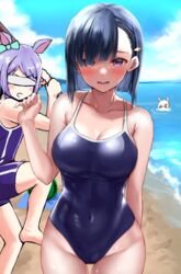  3girls animal_ears aqua_bow arm_behind_back barefoot baseball_bat batting_stance beach black_hair blindfold blue_one-piece_swimsuit blue_sky blunt_bangs blunt_ends blush blush_stickers bob_cut bow breasts cameltoe cleavage clenched_hand cloud collarbone commentary competition_school_swimsuit covered_eyes covered_navel cowboy_shot day ear_bow embarrassed food fruit groin hair_ornament hair_over_one_eye hairclip hand_up hands_up happy_meek_(umamusume) highleg highleg_swimsuit highres holding holding_baseball_bat horizon horse_ears horse_girl kiryuuin_aoi large_breasts leg_up light_purple_hair looking_at_viewer mejiro_mcqueen_(umamusume) mountainous_horizon multiple_girls ocean one-piece_swimsuit open_mouth outdoors parted_bangs partially_submerged pink_eyes pinky_out purple_eyes purple_hair raised_eyebrows school_swimsuit sg_(esujii) shiny_clothes short_hair single_vertical_stripe skin_tight sky solo_focus standing standing_on_one_leg straight_hair suikawari sweat swept_bangs swimsuit thigh_gap thighs towel tracen_swimsuit umamusume v-shaped_eyebrows water watermelon wavy_mouth white_hair 