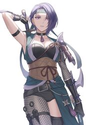  alternate_costume arm_strap arm_up armor armpits asymmetrical_clothes asymmetrical_legwear belt black_belt black_choker black_legwear breasts choker cleavage commentary cowboy_shot female fire_emblem fire_emblem:_three_houses fire_emblem_heroes headband highres holding holding_weapon holster kunai large_breasts moja_(rainpoow) ninja official_alternate_costume purple_eyes purple_hair shamir_nevrand shamir_nevrand_(ninja) short_hair shoulder_armor shuriken simple_background single_thighhigh solo standing thigh_holster thigh_strap thighhighs weapon white_background 