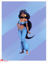  1girls abs aladdin arabian belly_dancer belly_dancer_outfit black_hair brown_eyes cleavage dark-skinned_female disney disney_princess harem_outfit harem_pants large_breasts long_hair looking_at_viewer m-a-v-e-r-i-c-k midriff princess_jasmine royalty voluptuous 