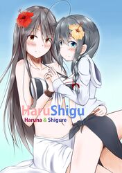  2girls absurdres alternate_costume blue_eyes braid character_name commentary_request flower hair_flower hair_ornament hair_ribbon haruna_(kancolle) highres holding_hands kantai_collection long_hair looking_at_viewer multiple_girls namikawa_kuroha navel orange_eyes remodel_(kantai_collection) ribbon shigure_(kancolle) single_braid smile swimsuit 