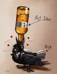  2017 alcohol ambiguous_gender avian beak beer beverage bird black_body black_claws black_feathers bottle claws container corvid corvus_(genus) crow deep_throat digital_media_(artwork) english_text feathers feet feral heart_symbol hi_res humor lol_comments oral oral_penetration oscine passerine penetration solo swish talons text toes wings 