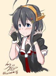  absurdres ahoge black_hair black_serafuku blue_eyes braid commentary_request female hair_flaps hair_ribbon headgear highres kantai_collection looking_at_viewer namikawa_kuroha necktie one-hour_drawing_challenge ribbon school_uniform serafuku shigure_(kancolle) shigure_kai_ni_(kancolle) signature single_braid smile solo twitter_username 