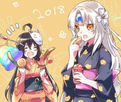  2018 2girls ara_haan code:_nemesis_(elsword) commentary_request eating elsword eve_(elsword) facial_mark food forehead_jewel fox_mask mask mask_on_head multiple_girls new_year sakra_devanam_(elsword) saliva smile traditional_clothes wanko_(takohati8) 