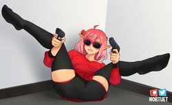  1girls breasts character_request clothed clothing copyright_request elf female_focus female_only filthy_frank hi_res medium_breasts medium_hair meme nortuet on_back papa_franku piercing pink_hair pistol pose revealing_clothes simple_background solo spread_legs sunglasses tinted_eyewear watermark wide_hips 