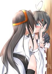  2girls absurdres ahoge bare_shoulders black_hair black_serafuku blue_eyes commentary detached_sleeves expressive_hair fingerless_gloves gloves hair_ornament hand_on_another&#039;s_face haruna_(kancolle) headgear heart heart_ahoge highres kantai_collection kissing kneehighs long_hair multiple_girls namikawa_kuroha nontraditional_miko remodel_(kantai_collection) school_uniform serafuku shigure_(kancolle) signature socks twitter_username yuri 