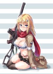  as_val as_val_(girls&#039;_frontline) assault_rifle bikini bikini_top_only black_hair blonde_hair blue_eyes breasts cleavage commentary_request female girls&#039;_frontline gun hair_ornament kalashnikov_rifle long_hair long_sleeves matsukura_nemu medium_breasts open_clothes open_shirt rifle russian_flag scarf skirt solo striped_bikini striped_clothes swimsuit thighhighs weapon 