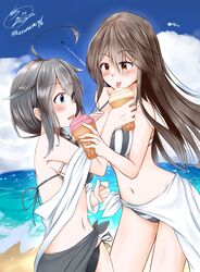  2girls absurdres ahoge aircraft airplane alternate_costume artist_name beach black_hair blue_eyes breasts brown_hair cloud cloudy_sky commentary day food hair_flaps hair_ornament hairclip haruna_(kancolle) highres ice_cream kantai_collection licking long_hair medium_breasts multiple_girls namikawa_kuroha navel ocean orange_eyes outdoors remodel_(kantai_collection) shigure_(kancolle) signature sky soft_serve swimsuit twitter_username 