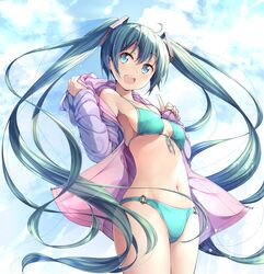  :d ahoge alternate_costume aqua_bikini aqua_eyes bare_shoulders bikini blue_hair blue_sky blush breasts commentary cowboy_shot day female from_below front-tie_top hair_ornament hatsune_miku highres hood hood_down hoodie index_finger_raised long_hair long_sleeves looking_at_viewer looking_down matsuuni md5_mismatch medium_breasts navel o-ring o-ring_bottom off_shoulder open_clothes open_hoodie open_mouth outdoors resolution_mismatch sky smile solo source_larger swimsuit swimsuit_cover-up thighs twintails undressing unzipped very_long_hair vocaloid 