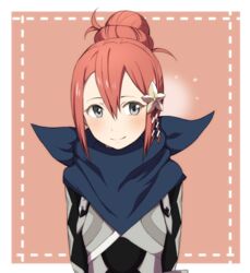  armor bad_id bad_pixiv_id blue_scarf blush border commentary_request female fire_emblem fire_emblem_fates grey_eyes hair_bun hair_ornament kana_(female)_(fire_emblem) kana_(fire_emblem) looking_at_viewer nyorotono outside_border pink_hair pointy_ears scarf single_hair_bun smile solo upper_body 