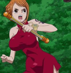  animated animated bare_arms bare_shoulders breasts brown_eyes curvy forest holding holding_weapon huge_breasts jiggle large large_breasts nami_(one_piece) nature one_piece orange_hair running staff talking tattoo teeth tied_hair tongue weapon 