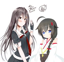  2girls absurdres bare_shoulders black_hair black_serafuku blue_eyes braid collaboration commentary_request cosplay costume_switch detached_sleeves fingerless_gloves gloves hair_flaps hair_ornament hair_ribbon hairclip haruna_(kancolle) haruna_(kancolle)_(cosplay) height_difference highres kantai_collection long_hair looking_at_viewer multiple_girls namikawa_kuroha necktie nontraditional_miko orange_eyes pleated_skirt remodel_(kantai_collection) ribbon sakurano_aoi school_uniform serafuku shigure_(kancolle) shigure_(kancolle)_(cosplay) shigure_kai_ni_(kancolle) shigure_kai_ni_(kancolle)_(cosplay) signature single_braid skirt twitter_username 