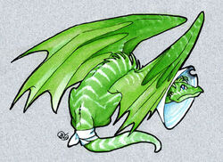  2010 ambiguous_gender bandage blue_eyes cone_of_shame dhstein dragon feral frown green_body green_scales grey_background low_res marker_(artwork) medical_instrument membrane_(anatomy) membranous_wings mythological_creature mythological_scalie mythology scales scalie scientific_instrument simple_background solo tail traditional_media_(artwork) white_body white_scales wings 