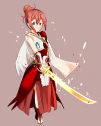  bad_id bad_pixiv_id capelet commentary_request female fire_emblem fire_emblem_fates full_body glint gloves hair_bun kana_(female)_(fire_emblem) kana_(fire_emblem) nontraditional_miko nyorotono pink_hair pointy_ears sidelocks simple_background single_hair_bun solo sword weapon 