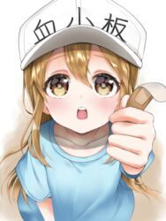  bandaid blue_shirt brown_eyes brown_hair commentary_request female hair_between_eyes hat hataraku_saibou highres holding_bandaid lolicon long_hair looking_at_viewer open_mouth platelet_(hataraku_saibou) senagawa_roro shirt short_sleeves shorts solo white_hat 