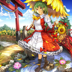  album_cover ascot basket blue_sky bow breasts bridge brown_footwear center_frills cloud commentary_request cover day dress female fence flower flower_umbrella frilled_shirt_collar frills full_body girls_logic_observatory grass green_hair hair_between_eyes holding holding_basket holding_umbrella juliet_sleeves kazami_yuuka large_breasts leaf lily_pad long_sleeves looking_at_viewer nature outdoors petals petticoat pink_flower puffy_sleeves red_bow red_eyes red_sash red_skirt red_vest river rock rope sash shide shimenawa short_hair skirt sky smile solo standing sunflower torii touhou tree umagenzin umbrella vest walking water white_dress white_flower wing_collar yellow_ascot yellow_umbrella 