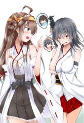  &gt;_&lt; &gt;o&lt; 4girls absurdres ahoge anger_vein bare_shoulders black_hair brown_hair closed_eyes commentary detached_sleeves flying_sweatdrops hair_flaps hair_ornament hairclip haruna_(kancolle) headgear highres kantai_collection kongou_(kancolle) long_hair multiple_girls namikawa_kuroha nontraditional_miko orange_eyes pleated_skirt remodel_(kantai_collection) shigure_(kancolle) short_hair skirt yamashiro_(kancolle) 