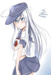  absurdres blue_eyes commentary_request female flat_cap hat hibiki_(kancolle) highres kantai_collection long_hair looking_at_viewer midriff namikawa_kuroha neckerchief pleated_skirt school_uniform serafuku signature skirt solo twitter_username white_hair 