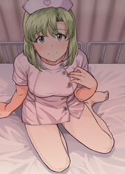  arm_support bed bed_sheet breasts brown_eyes buttons closed_mouth commentary female green_hair hand_on_own_chest hat heart highres hospital_bed idolmaster idolmaster_(classic) idolmaster_stella_stage indoors looking_at_viewer looking_up medium_breasts mole mole_under_eye nail_polish no_shoes nurse nurse_cap on_bed pantyhose pink_nails shiika_(idolmaster) short_hair short_sleeves sitting smile solo tsurui white_pantyhose 