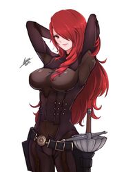  airisubaka atlus breasts clothed clothing lipstick mitsuru_kirijo persona persona_3 pin-up pin_up red_eyes red_hair 