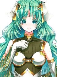  armor artist_name bare_shoulders breastplate breasts colored_eyelashes commentary_request covered_collarbone female fire_emblem fire_emblem_echoes:_shadows_of_valentia forehead_jewel gloves gold_trim green_eyes green_hair hair_ornament hanabata0320 hand_up head_chain highres jewelry long_hair looking_at_viewer medium_breasts simple_background solo tatiana_(fire_emblem) upper_body white_background 