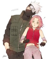  1boy black_headband female green_eyes hatake_kakashi naruto naruto_(series) no_background pink_hair red_headband sakura_haruno white_hair 