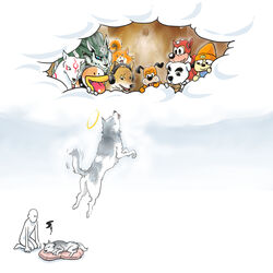  1:1 amaterasu_(okami) animal_crossing anus bishopbb blue_eyes canid canine canis capcom clothing clover_studio collar colored crossover death deity dog_butt_looks_like_jesus_christ_in_a_robe domestic_dog duck_hunt duck_hunt_dog electronics fur ghost_trick grey_body grey_fur group halo hat headgear headphones headwear heaven hi_res human instrument_(disambiguation) jesus_christ k.k._slider konami male mammal mario_bros mega_man_(series) mira_(silent_hill) missile_(ghost_trick) nintendo okami_(capcom) parappa parappa_the_rapper poochy religion rush_(mega_man) silent_hill sony_corporation sony_interactive_entertainment spirit the_legend_of_zelda twilight_princess white_body white_fur wolf wolf_link yoshi&#039;s_island 