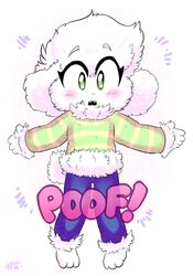  2016 anthro asriel_dreemurr blush boss_monster_(undertale) bovid caprine clothing fluffy fur goat katelynntheg male mammal onomatopoeia poof poof_effect simple_background solo sound_effects text undertale undertale_(series) white_body white_fur 