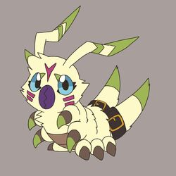  1:1 angoramon antennae_(anatomy) arthropod bandai_namco belt blue_eyes caterpillar chicostyx claws digimon digimon_(species) facial_markings fluffy fur fusion fuzzy head_markings hi_res insects larva mandibles markings solo wormmon yellow_body yellow_fur 