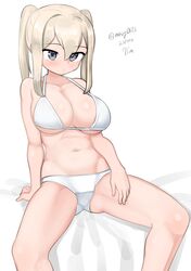  absurdres bikini blonde_hair breasts cleavage feet_out_of_frame female graf_zeppelin_(kancolle) grey_eyes hair_between_eyes highres kantai_collection large_breasts maru_(marg0613) one-hour_drawing_challenge sidelocks solo spread_legs swimsuit twintails white_background white_bikini 