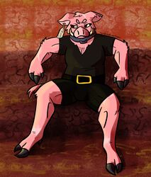  absurd_res anthro belt belt_buckle buckle bulge collar fingers fur golden_pupils grug_(randompasserbyer) hi_res hooved_fingers hooved_fingertips hooved_hands hooved_toes hooves male mammal manspreading microsoft minecraft mojang muscular muscular_anthro muscular_male name_tag pig_nose piglin pink_body pink_fur randompasserbyer red_sclera scar solo suina tail tail_tuft the_nether_(minecraft) tuft tusk_ring tusks xbox_game_studios 