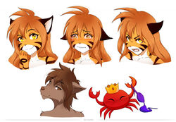  anthro arthropod brown_body brown_fur brown_hair canid canine canis clothing crab crustacean decapoda duo felid feline female feral flora_(twokinds) fur hair malacostracan male mammal marine narikusha pantherine sad smile tiger twokinds wolf zen_(twokinds) 