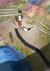  1boy anatomical_nonsense animal black_hair brown_hair brown_shorts cat_day commentary day extra_legs feline from_above grass highres male_focus monokubo multiple_legs original outdoors raglan_sleeves sandals shirt short_hair short_sleeves shorts twitter_username 