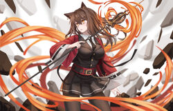  0x4682b4 animal_ears arknights belt black_belt black_necktie black_pantyhose black_skirt black_vest brown_hair cat_ears commentary cowboy_shot female hair_between_eyes highres holding holding_staff jacket long_hair long_sleeves looking_to_the_side miniskirt necktie open_mouth originium_arts_(arknights) pantyhose photoshop_(medium) pleated_skirt red_jacket skirt skirt_set skyfire_(arknights) solo staff standing thighs vest wide_sleeves yellow_eyes 