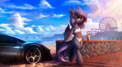  absurd_res amusement_ride atlas-66 bandeau bat_pony beach beverage bikini car clothed clothing cloud container cup cutie_mark equid eyewear female feral ferris_wheel glasses hasbro hi_res mammal my_little_pony outside seaside semi-anthro sky solo swimwear topwear vehicle 