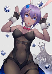  1boy animal_ears bangs banned_artist bare_shoulders black_gloves black_hairband black_legwear black_leotard blush breasts bunny_ears bunnysuit cleavage collarbone dark_skin detached_collar fake_animal_ears fate/grand_order fate/prototype fate/prototype:_fragments_of_blue_and_silver fate_(series) female fingerless_gloves formal gloves glowing glowing_eyes hairband hassan_of_serenity_(fate) horns king_hassan_(fate/grand_order) kyoeiki leotard looking_at_viewer medium_breasts open_mouth pantyhose poker_chip purple_eyes purple_hair short_hair skull skull_mask suit 