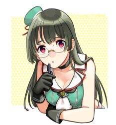  beret black_choker black_gloves black_hair breasts brown_hair choker choukai_(kancolle) choukai_kai_ni_(kancolle) cleavage commentary_request crop_top female glasses gloves green_hat hair_ornament hat headgear kantai_collection long_hair looking_at_viewer medium_breasts pen red_eyes rimless_eyewear sagamiso solo upper_body 