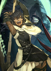  armpits arms_up au_ra black_hair black_horns black_nails black_tunic blood claws cowboy_shot crazy_eyes crazy_smile dark-skinned_female dark_skin elbow_gloves fangs female final_fantasy final_fantasy_xiv fingernails glasses gloves glowing glowing_weapon hair_between_eyes hide_(hideout) highres holding holding_weapon horn_ornament horn_ring horns incoming_attack injury jewelry long_hair nail_polish open_mouth reaper_(final_fantasy) reaper_avatar_(ff14) scales scratches scythe semi-rimless_eyewear smile teeth thigh_strap tongue tunic under-rim_eyewear voidsent warrior_of_light_(ff14) weapon 