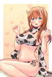  2021 animal_print bikini blush border breasts brown_hair cleavage commentary_request cow_horns cow_print cow_print_bikini dutch_angle english_text female fringe_trim frown green_eyes happy_new_year heart heart_background horns large_breasts long_hair looking_at_viewer matsumi_yuu navel new_year open_mouth outside_border print_bikini print_scarf saki_(manga) saki_achiga-hen scarf shibugaki side-tie_bikini_bottom sitting solo swimsuit w_arms wariza white_bikini white_border white_scarf 