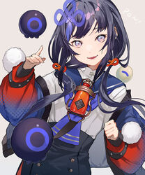  absurdres black_hair black_shorts blue_hair blue_jacket blue_neckerchief blue_sailor_collar blueberry female food fruit gradient_eyes gradient_jacket grey_eyes hair_ornament head_tilt highres jacket koujira long_hair long_sleeves looking_at_viewer low_twintails multicolored_eyes multicolored_hair neckerchief nijisanji pink_eyes pom_pom_(clothes) ponto_nei ponto_nei_(1st_costume) purple_hair red_sleeves sailor_collar school_uniform shirt shorts simple_background sleeves_past_wrists smile solo streaked_hair twintails virtual_youtuber white_background white_shirt 