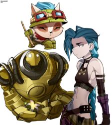  1boy absurdres arcane:_league_of_legends arcane_jinx arm_tattoo asymmetrical_bangs bad_id bad_pixiv_id bare_shoulders belt blitzcrank blue_hair braid breasts brown_belt closed_mouth cloud_tattoo crop_top female fingerless_gloves flower frown gloves goggles goggles_on_head green_headwear highres jinx_(league_of_legends) league_of_legends long_hair looking_at_viewer medium_breasts navel pants robot ryu_(ryuwanshoy) simple_background stomach stomach_tattoo striped tattoo teemo twin_braids twintails white_background 