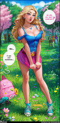  absurdres aqua_footwear aroma_sensei artist_name backpack bag bare_shoulders belt blonde_hair blue_eyes blue_shirt blush breasts breasts_squeezed_together camisole cleavage collarbone contrapposto embarrassed english_text female forehead forest frilled_shirt frills full_body grass haley_(stardew_valley) harvey_(stardew_valley) high_tops highres jewelry large_breasts long_hair looking_at_viewer maru_(stardew_valley) midriff_peek miniskirt mole mole_on_breast nature necklace open_mouth outdoors parted_hair patreon_username penny_(stardew_valley) petals pink_skirt shirt shoes skirt skirt_hold skirt_tug sneakers socks solo_focus speech_bubble standing star_(symbol) stardew_valley v_arms wavy_hair web_address white_socks 