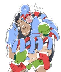  2boys absurdres angry arms_(game) artist_request black_hair blue_hair boxing_gloves crying gloves green_gloves green_shorts highres little_mac mask multiple_boys pig pompadour punch-out!! shorts simple_background spring_man_(arms) super_smash_bros. tank_top white_background 