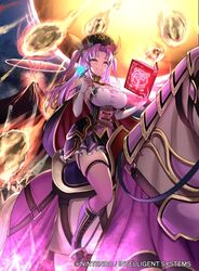  book breasts cape company_name copyright_name female fire_emblem fire_emblem_cipher flower grin holding holding_book holding_flower horse horseback_riding kousei_horiguchi large_breasts long_hair official_art open_book poe_(fire_emblem) purple_eyes purple_hair riding smile solo thighhighs volcano 