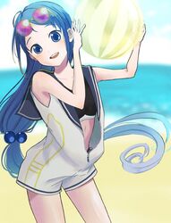  :d alternate_costume ball beachball blue_eyes blue_hair commentary_request cowboy_shot eyewear_on_head female head_tilt holding holding_ball holding_beachball kantai_collection long_hair looking_at_viewer noborito_toto open_mouth samidare_(kancolle) smile solo sunglasses very_long_hair 